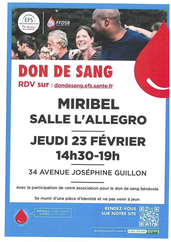 DON DU SANG – 23 FEVRIER 2023 – Miribel – Allegro de 14H30 à 19 H