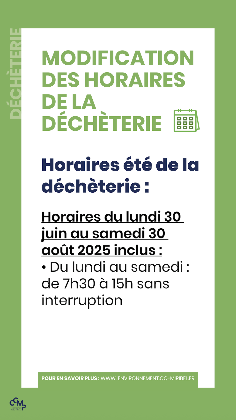 Horaires d’été – Déchèterie Miribel